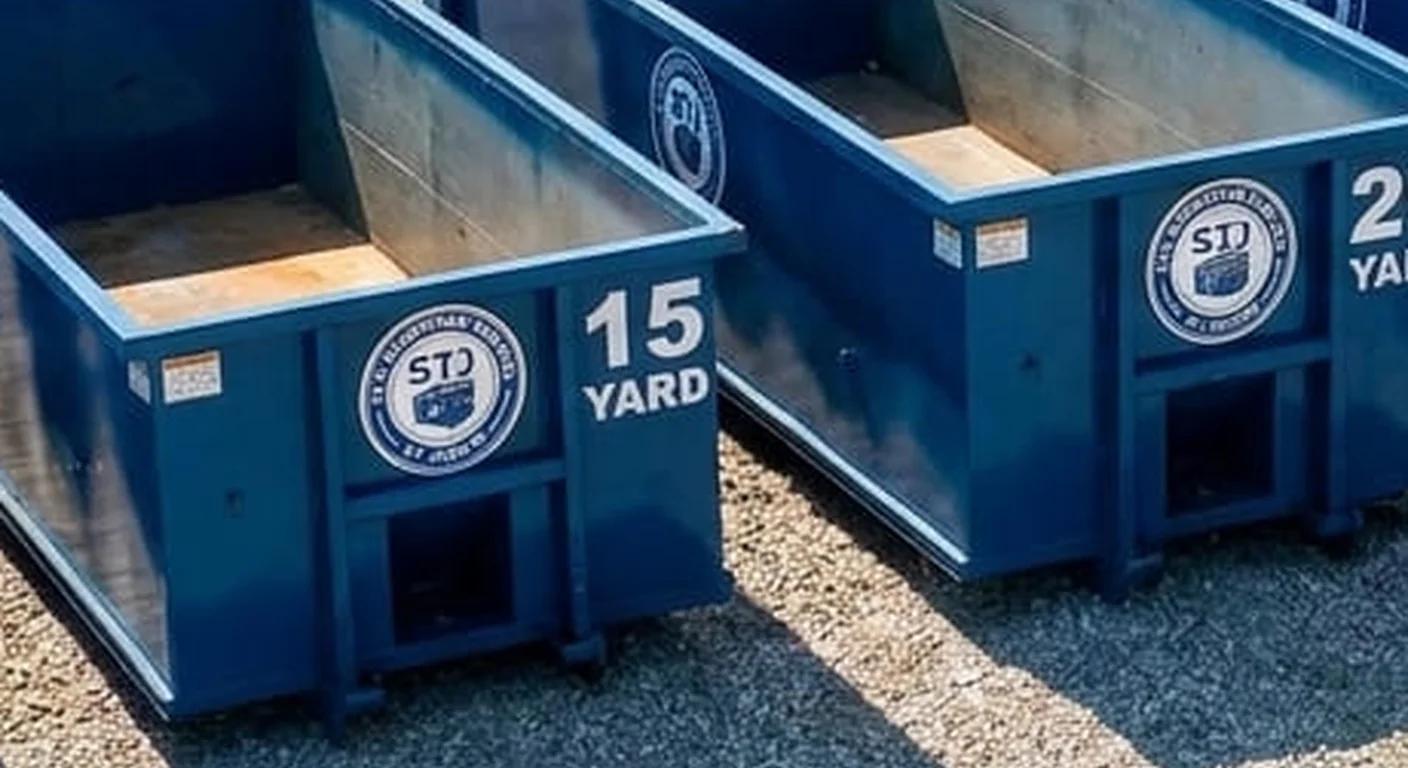 A clean, correctly-labeled 15 yard STJ Dumpster Rental St Joseph roll-off container staged at the company yard, part of a five-container size lineup
