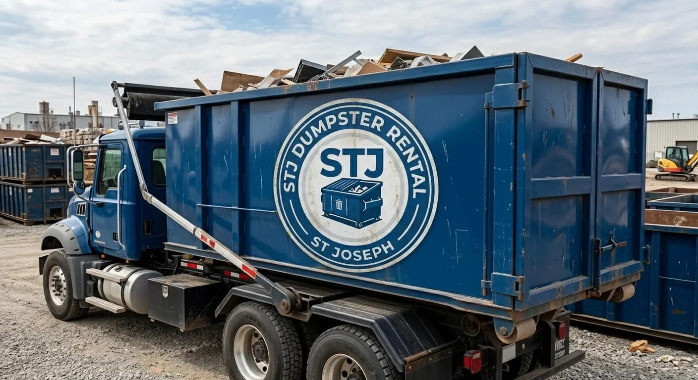 A STJ Dumpster Rental St Joseph roll-off dumpster loaded with mixed commercial debris on a business driveway