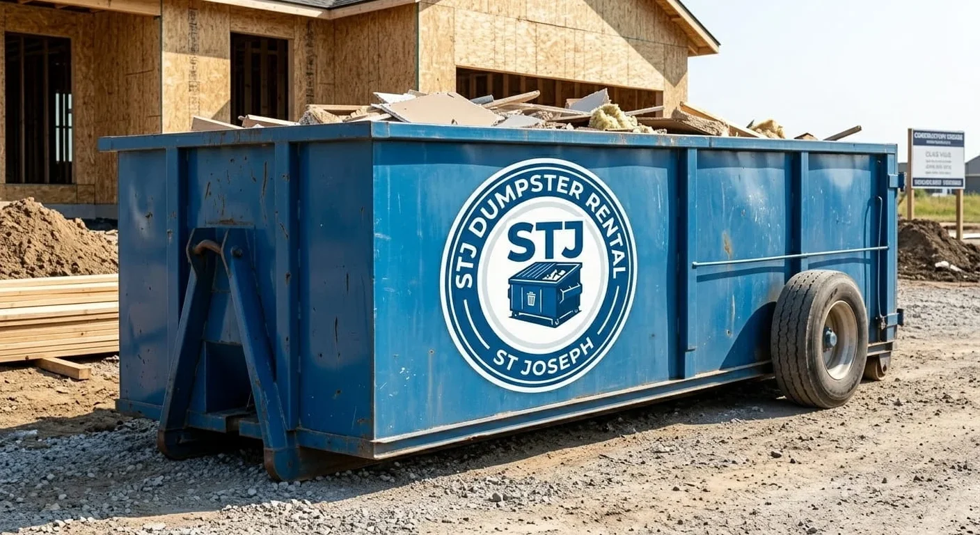 A STJ Dumpster Rental St Joseph roll-off dumpster delivered to an active construction site in Faucett, MO
