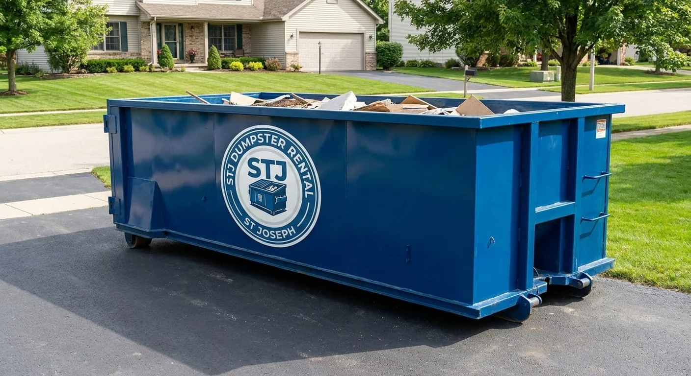 Dumpster rental delivery near Savannah, MO A STJ Dumpster Rental St Joseph roll-off dumpster staged for a job near Savannah, MO