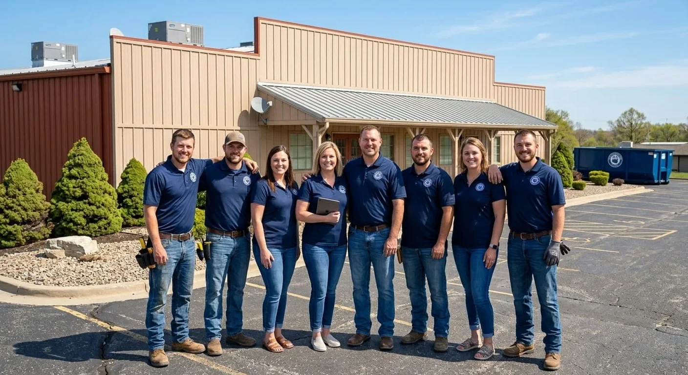 The STJ Dumpster Rental St Joseph team standing together in front of their company building