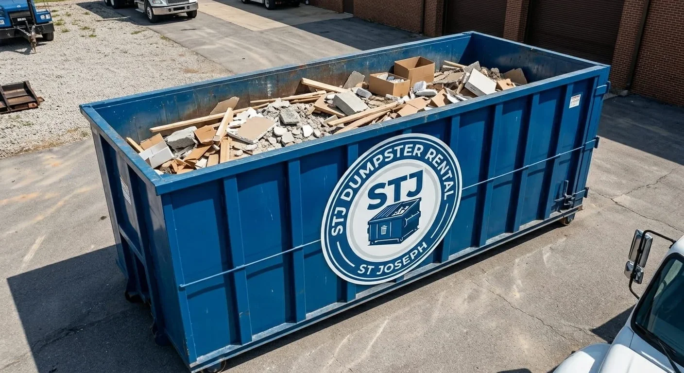 A STJ Dumpster Rental St Joseph dumpster delivered to a residential driveway in Easton, MO for a home cleanout project