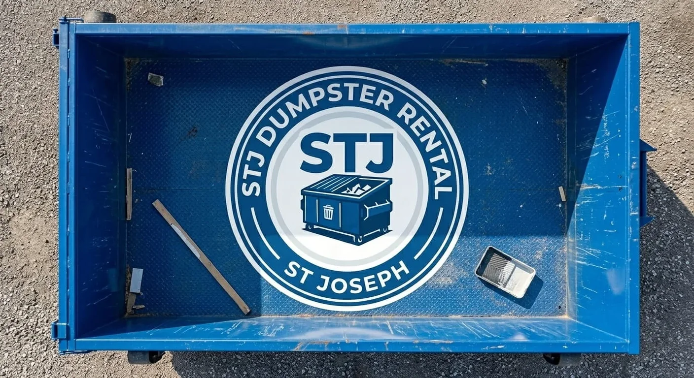 Roll-off dumpster rental in De Kalb, MO A STJ Dumpster Rental St Joseph roll-off dumpster staged and ready for drop-off in De Kalb, MO