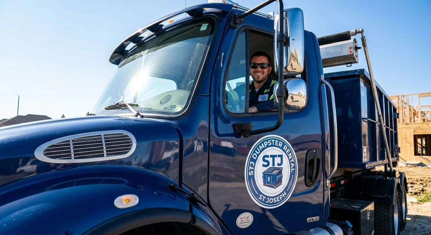 A STJ Dumpster Rental St Joseph driver smiling from the cab of a delivery truck, ready to head out for a same-day delivery
