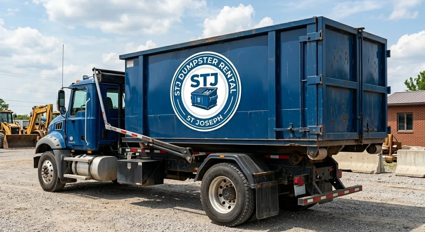 A STJ Dumpster Rental St Joseph dumpster staged on a residential driveway, ready for a yard-waste and seasonal cleanup